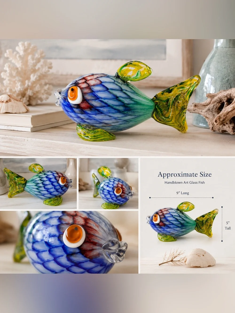 Handblown Art Glass Fish Figurine 9” Blue Green Yellow Coastal Ocean Decor
